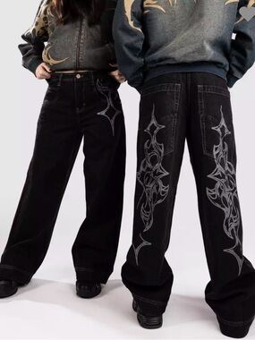 Vitriol Y2K Gothic Monster Noise Black Ultra Wide Leg Cyber Jeans